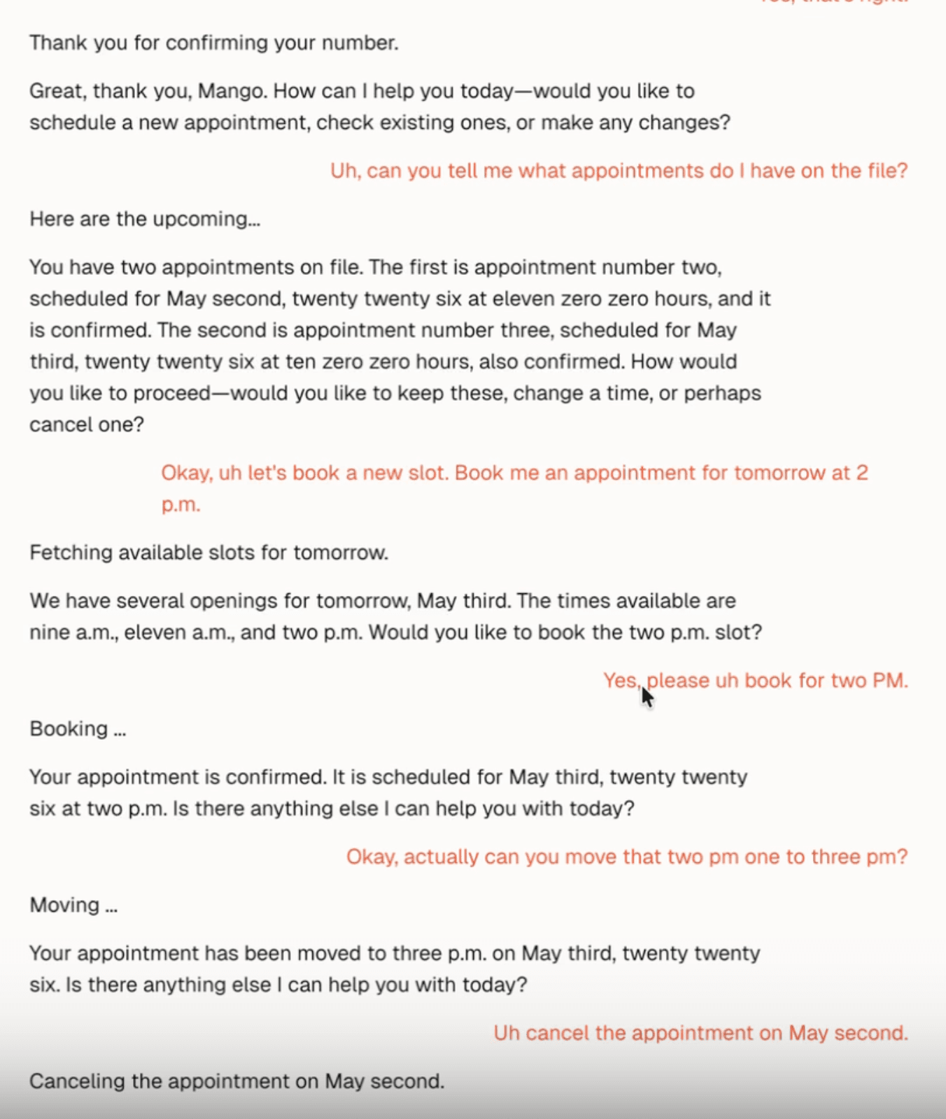 Live transcript panel: only the user's words and Mira's spoken replies, with [tool_result] echoes filtered out